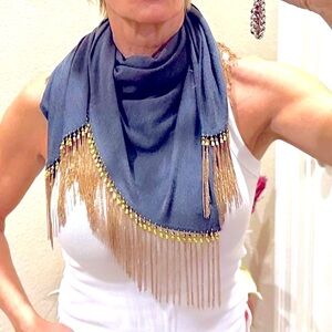 Azaya Blue Charcoal Grey Scarf/Wrap with Gold Beading and Chain Detail